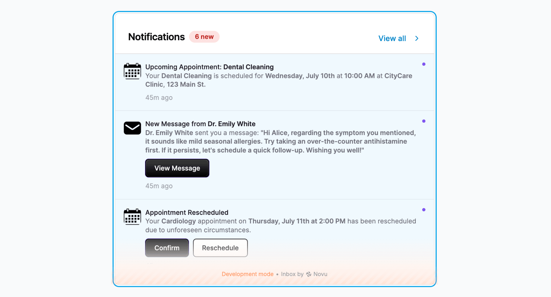 Healthcare dashboard notification widget