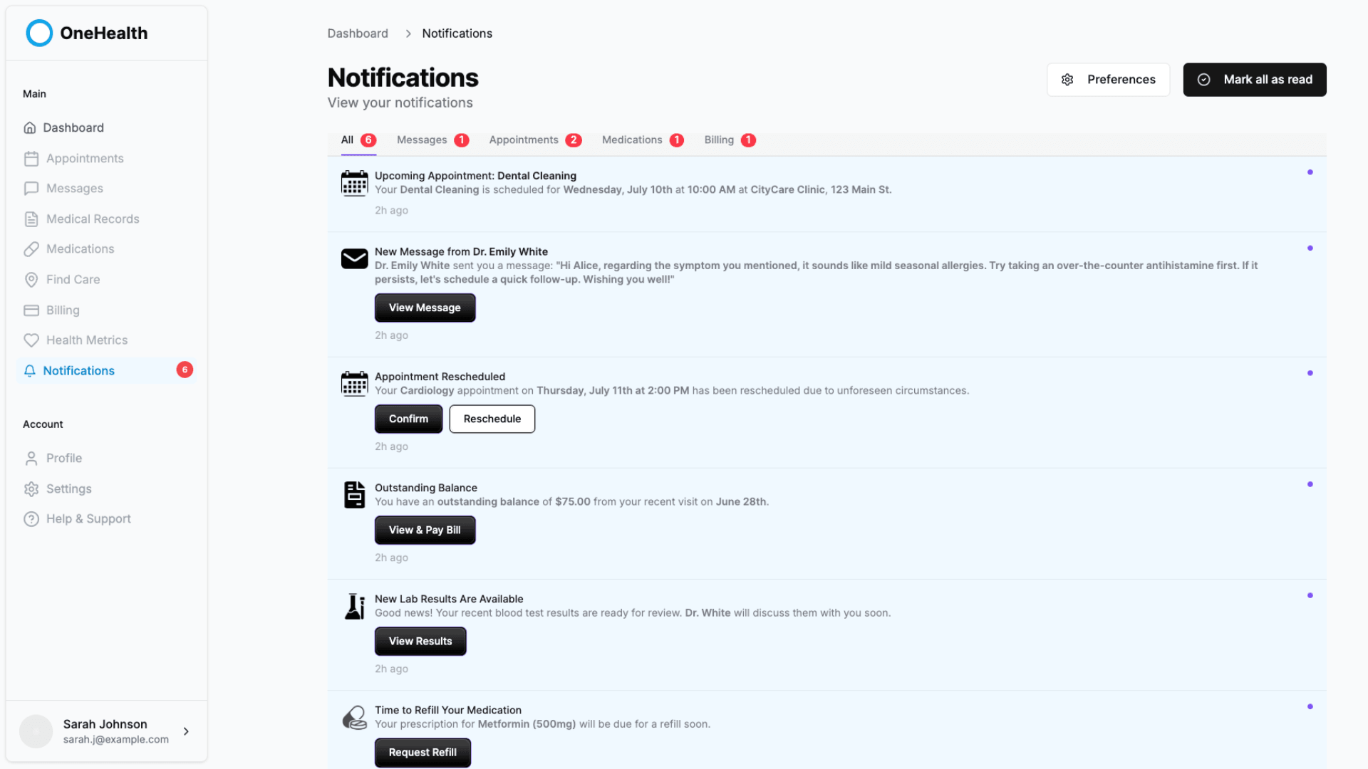 Healthcare application notification page