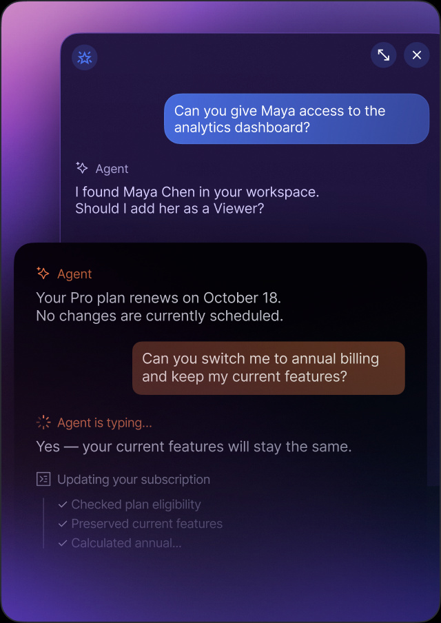 Overlapping blue and amber Web Chat previews granting dashboard access and changing a subscription to annual billing.