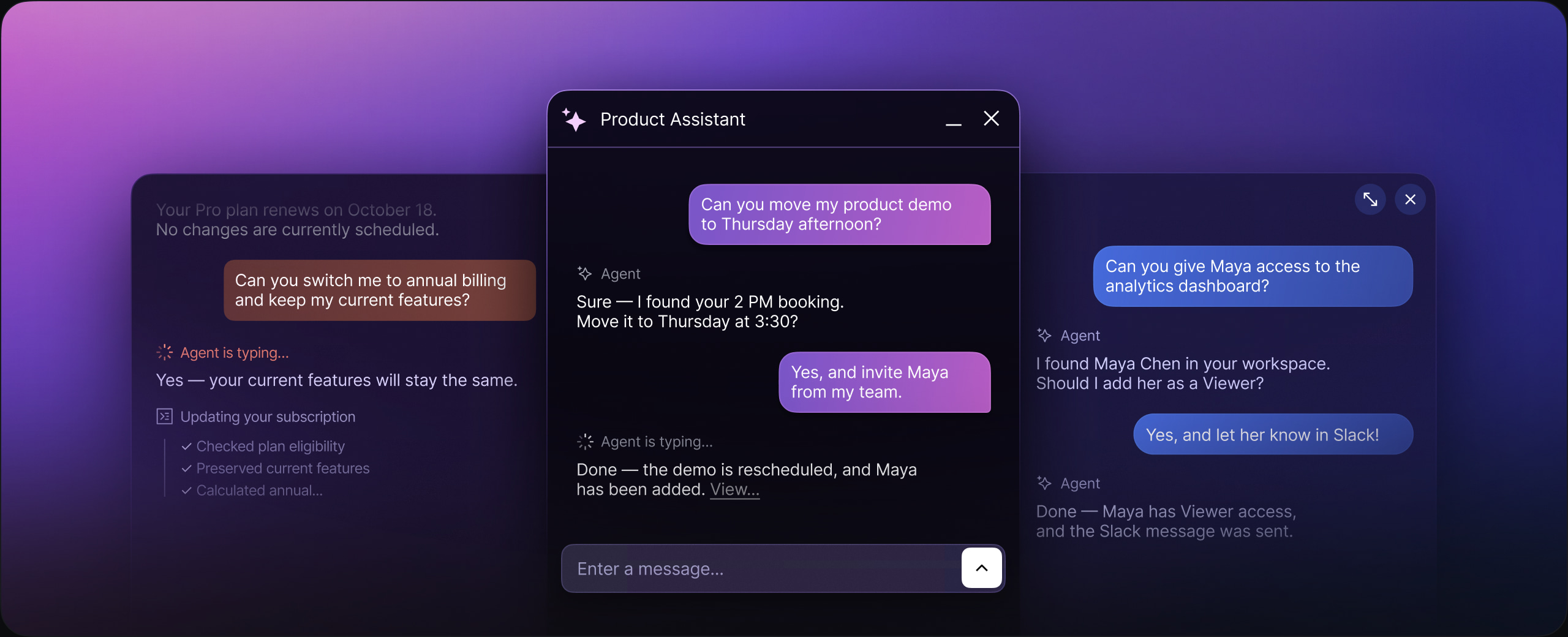 Three Web Chat previews styled in amber, purple, and blue design systems.