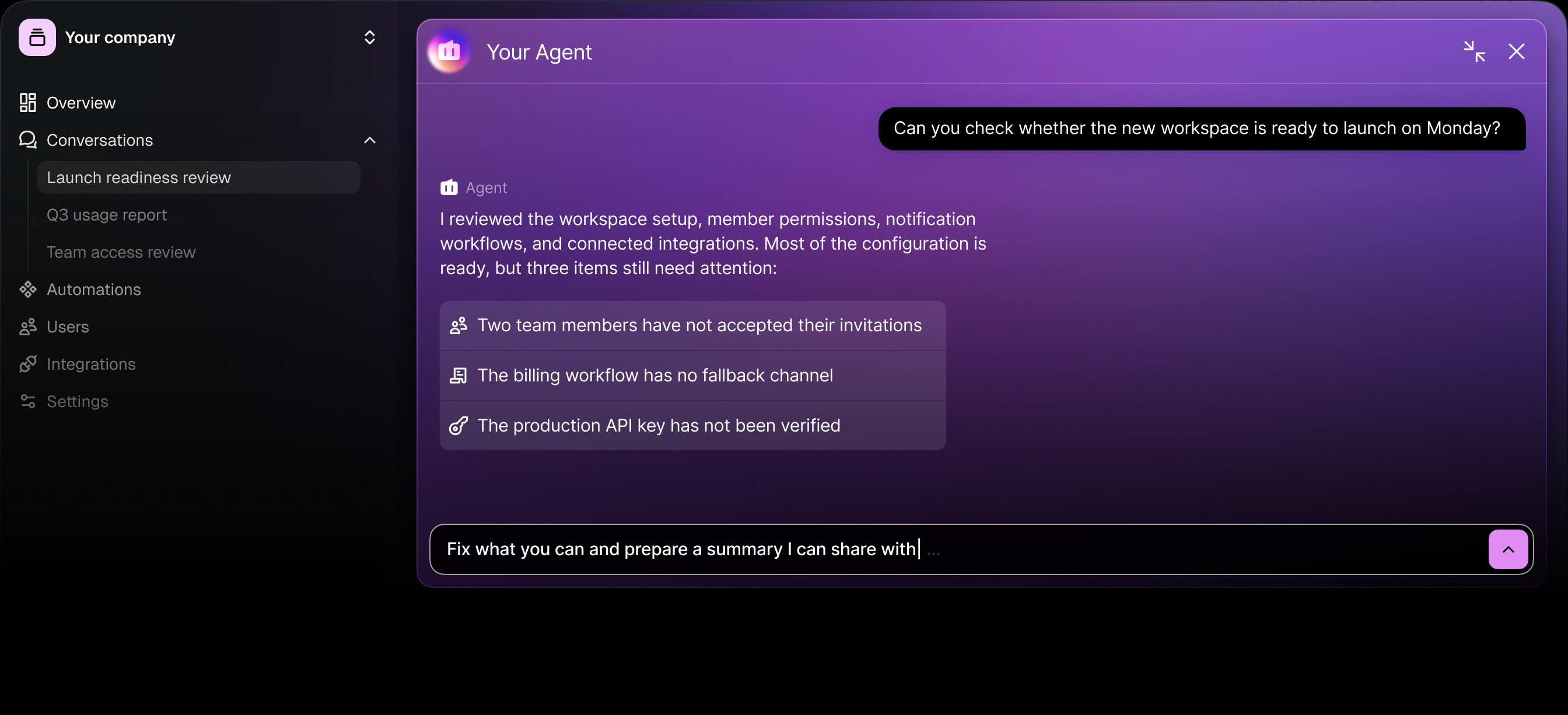 Web Chat as the application's main view, showing a launch readiness conversation and checklist.