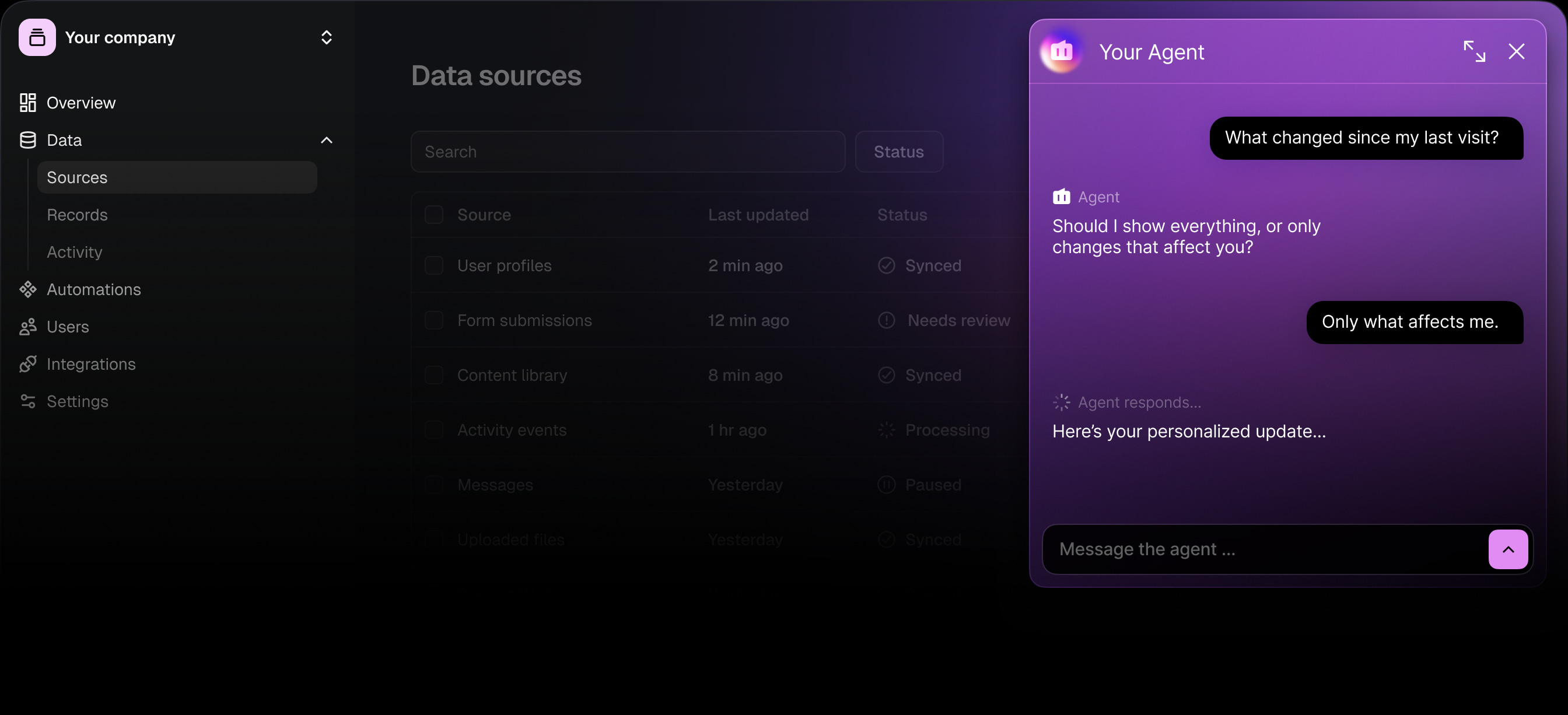 Web Chat beside an application's data sources, showing a personalized update conversation.